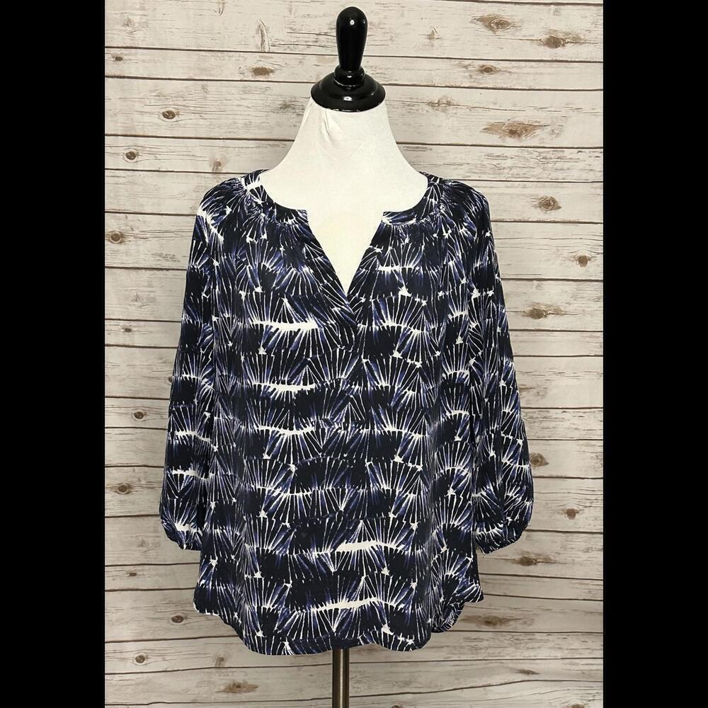 Cynthia Rowley boho blue/white tie-dye print split V-neck silk blouse Size Small
